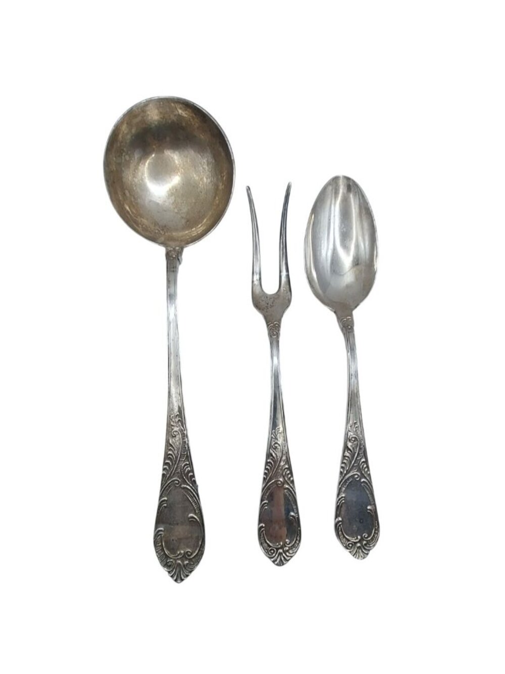 Silver Plated Serving Set of 3 Ornate Scrollwork Ladle Spoon Fork Vintage Formal